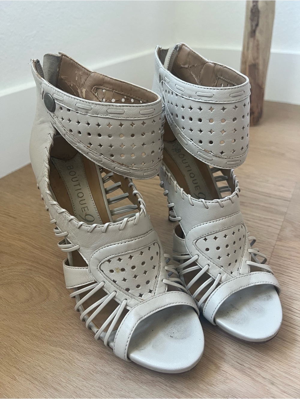 Boutique 9 Cream Perforated Cutout Ankle-Strap Heels
